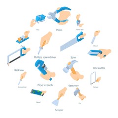 Hand hold tool icons set, isometric style