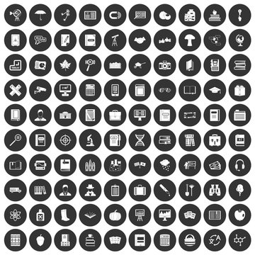 100 book icons set black circle