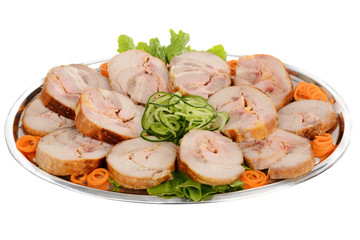 Stuffed roll pork. Decorated catering food