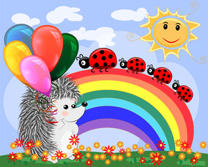 Lovely cartoon hedgehog near the seven-colored rainbow in a clear, sunny cheer, a summer day