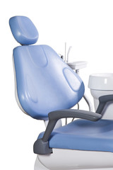 Modern blue dentist chair isolated on white background