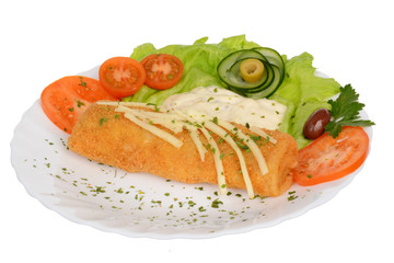 Breaded rolled up pork steak stuffed with ham and cheese