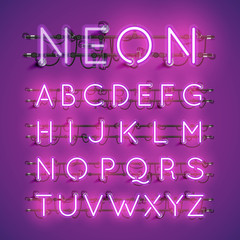 Realistic neon font with wires and console, vector illustration