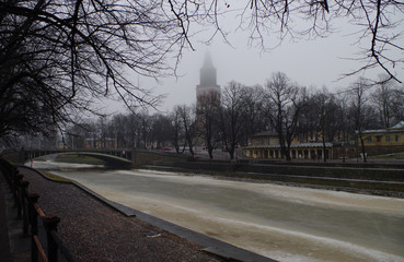 Foggy day on an icy river