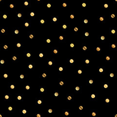 Golden dots seamless pattern on black background. Cute gradient golden dots endless random scattered confetti on black background. Confetti fall chaotic decor. Modern creative pattern.