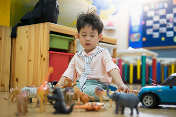 A boy is playing animal toys.