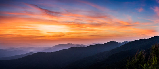 Majestic sunset in the blue mountains landscape , panorama