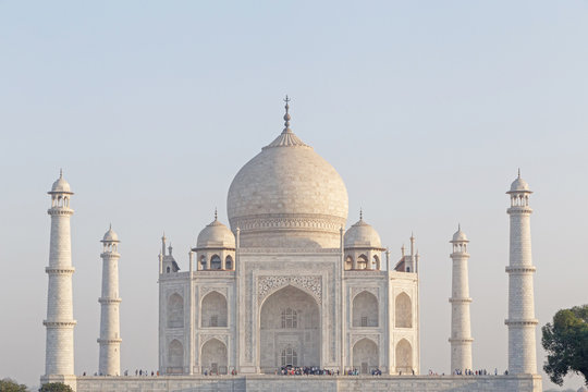 view on Taj Mahal with four minarets in Agra, India