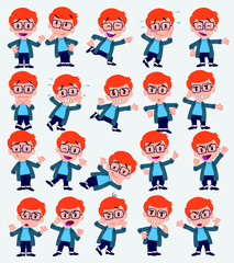 Cartoon character white boy with a glasses. Set with different postures, attitudes and poses, doing different activities in isolated vector illustrations.