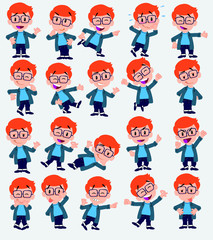 Cartoon character boy with a glasses. Set with different postures, attitudes and poses, always in positive attitude, doing different activities in vector vector illustrations.