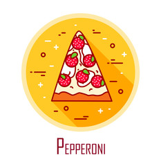 Vector icon with slice of pizza pepperoni in a coloured circle. Vector banner for fast food. Thin line flat design.