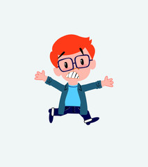 White boy with a glasses running terrified.