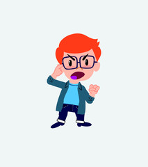 White boy with glasses screams angry in aggressive attitude.
