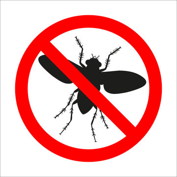 Fly icon in prohibition red circle, No insects ban sign, forbidden symbol.
