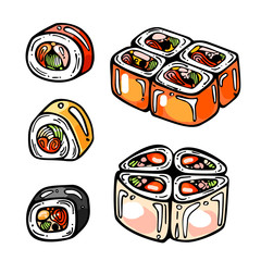 Vector set of icons sushi and rolls. Set of colorful japanese meals. Philadelphia, California, Dragon rolls. Cartoon style illustration.