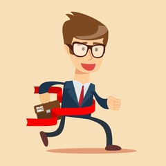Concept of successful businessman in a finishing line. Businessman victory run toward red ribbon tape finish. Concept business illustration.