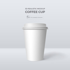 Vector 3d realistic mockup of white paper coffee cup. Template for design of packing of drink. Easy to change colour.  Isolated from the background.