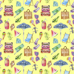 Summer, sea, beach watercolor elements seamless pattern, hand painted on a yellow background