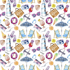 Seamless pattern with watercolor elements on summer and beach theme, hand painted on a white background