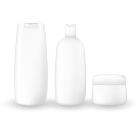 Collection of realistic cosmetic plastic bottles isolated on white background.Cosmetic brand template. Vector illustration.