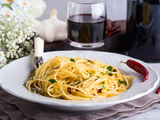 Spaghetti with spicy red pepper, garlic, olive oil. Traditional Italian pasta dish