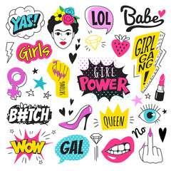 Girl Power doodle collection. Vector illustration of feminist symbols and slang words in trendy doodle style. Isolated on white.