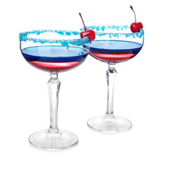Layered cocktails in colors of American flag on white background