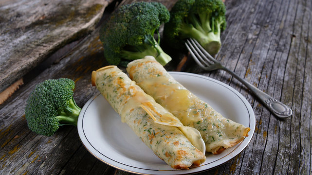 pancakes with broccolli, rustic style