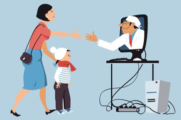 Mother bringing a sick little girl to a virtual visit with a pediatrician, shaking hands with a doctor,  coming out of a computer screen, EPS 8 vector illustration