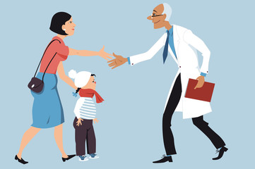Mother bringing a sick little girl to a pediatrician, shaking hands with a doctor, EPS 8 vector illustration
