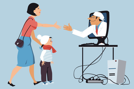 Mother Bringing A Sick Little Girl To A Virtual Visit With A Pediatrician, Shaking Hands With A Doctor,  Coming Out Of A Computer Screen, EPS 8 Vector Illustration