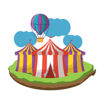 circus tents and hot air balloon icon over white background, colorful design. vector illustration