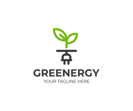 Green energy logo template. Sprout and power plug vector design. Eco energy logotype