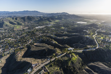 Afternoon aerial view of Santa Rosa Valley homes and hillsides in scenic Camarillo California.
