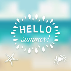 Hello summer card at sea background with marine creature