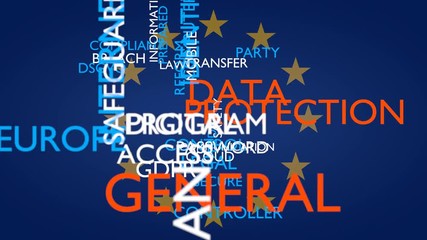 GDPR, DSGVO - general data protection regulation word tag cloud. 3D rendering, loop able, EU flag variant, UHD - Powered by Adobe