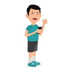 Boy playing with smartphone cartoon vector illustration graphic design