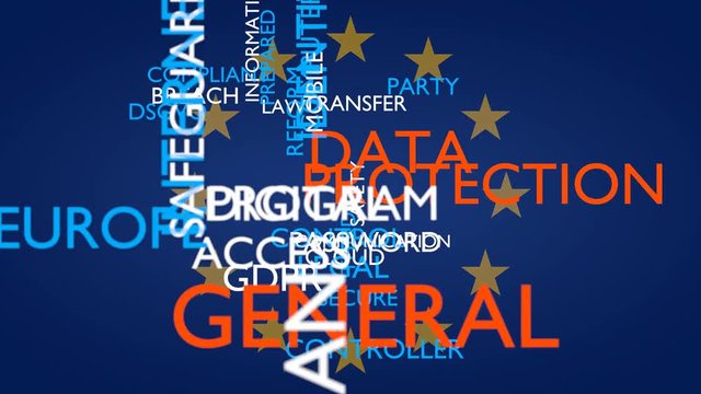 GDPR, DSGVO - general data protection regulation word tag cloud. 3D rendering, loop able, EU flag variant, UHD