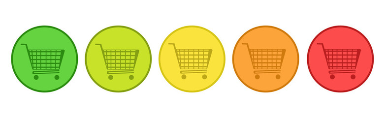 Product Rating System - 5 Shopping Cart Buttons From Green To Red - Vector Illustration - Isolated On White Background