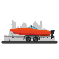 Boat on trailer isolated at city over cityscape vector illustration graphic design