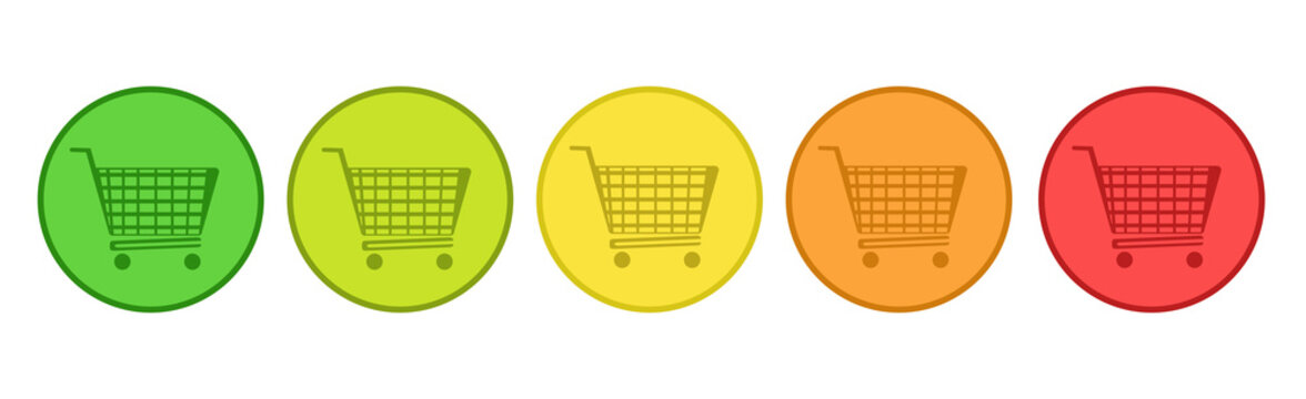 Product Rating System - 5 Shopping Cart Buttons From Green To Red - Vector Illustration - Isolated On White Background