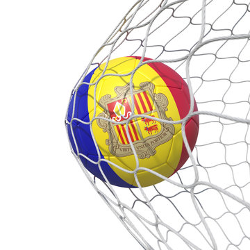 Andorran Andorra flag soccer ball inside the net, in a net.