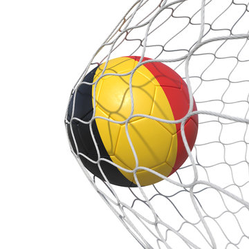 Belgian Belgium flag soccer ball inside the net, in a net.