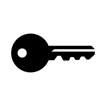Simple, flat, black silhouette of a house key. Isolated on white