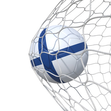 Finland flag soccer ball inside the net, in a net.