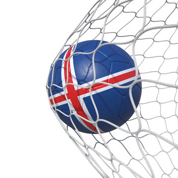 Island flag soccer ball inside the net, in a net.