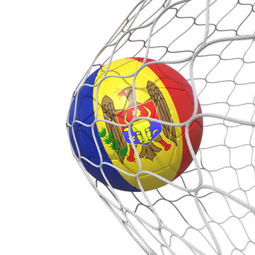 Moldova Moldovan flag soccer ball inside the net, in a net.