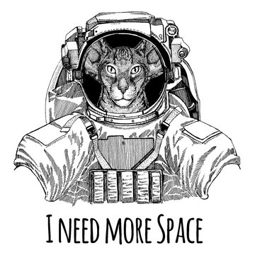 Oriental cat with big ears Astronaut. Space suit. Hand drawn image of lion for tattoo, t-shirt, emblem, badge, logo patch kindergarten poster children clothing