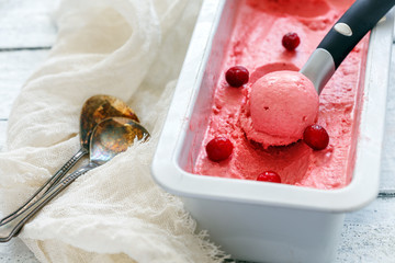 Cranberry ice cream and a spoon in a metal container.