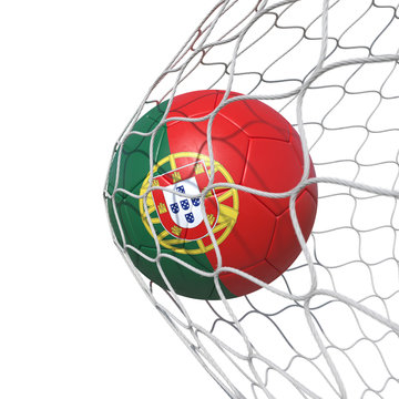 Portugal Portuguese flag soccer ball inside the net, in a net.